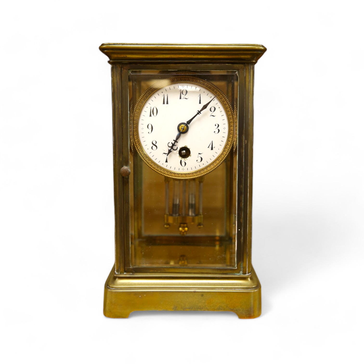 An early 20th century brass four glass mantel clock, 22cm. Condition - fair, not tested as working